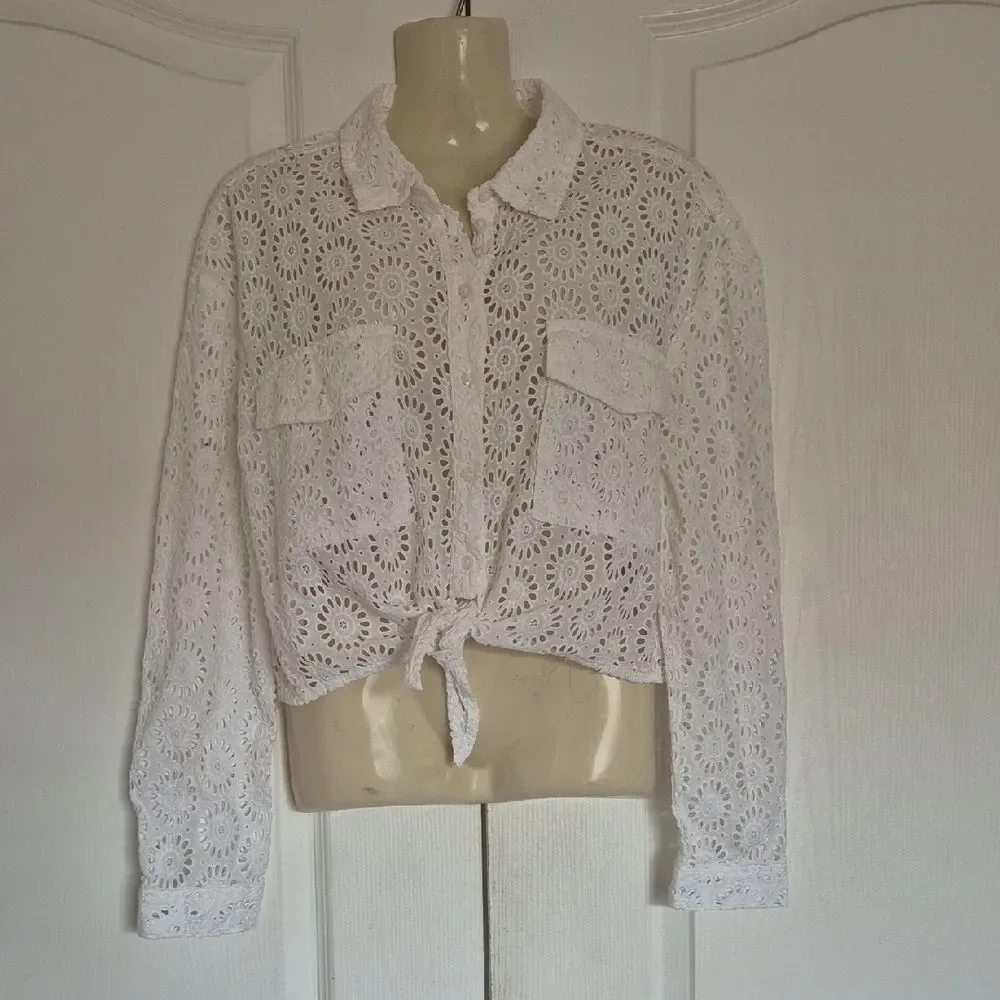 Guess White Embroidered Eyelet Button-Down Shirt - Picture 3 of 16